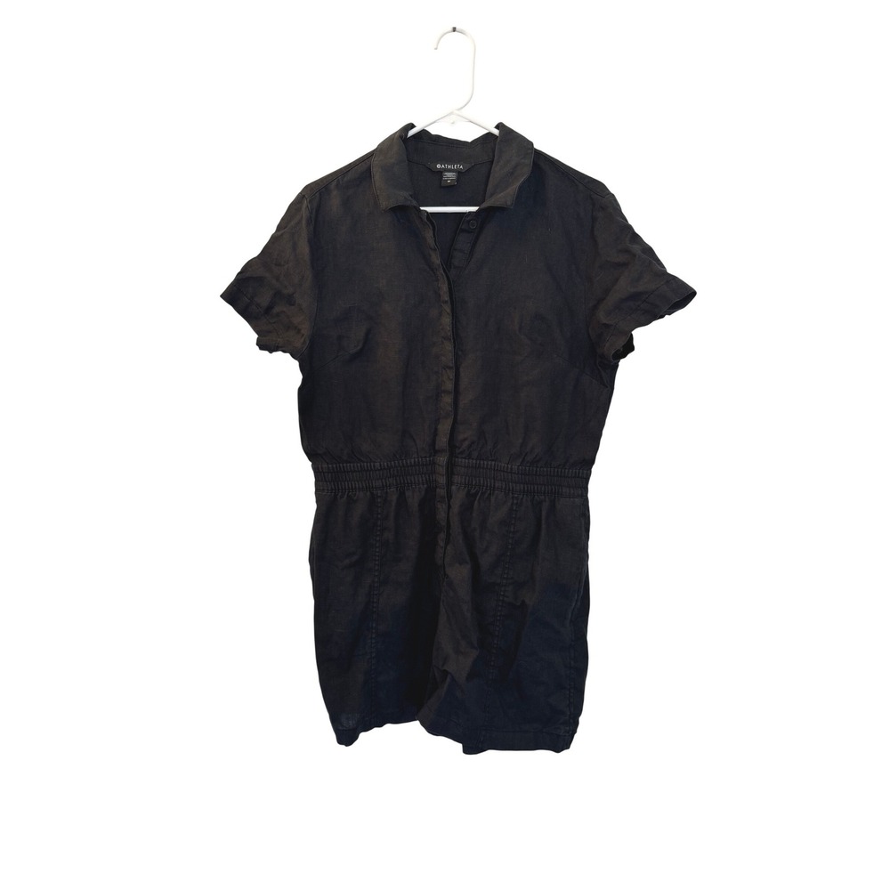 Athleta Womens Black 100% Linen Short Sleeve Button Front Romper Size M